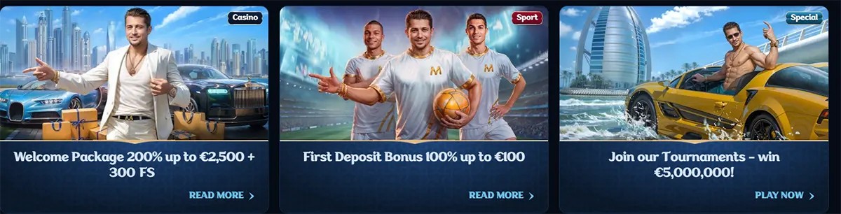 Casino promotional banners featuring welcome bonus offers, a first deposit bonus up to €100, and a tournament promotion with a €5,000,000 prize, illustrated with luxury cars, sports players, and resort-style backgrounds.