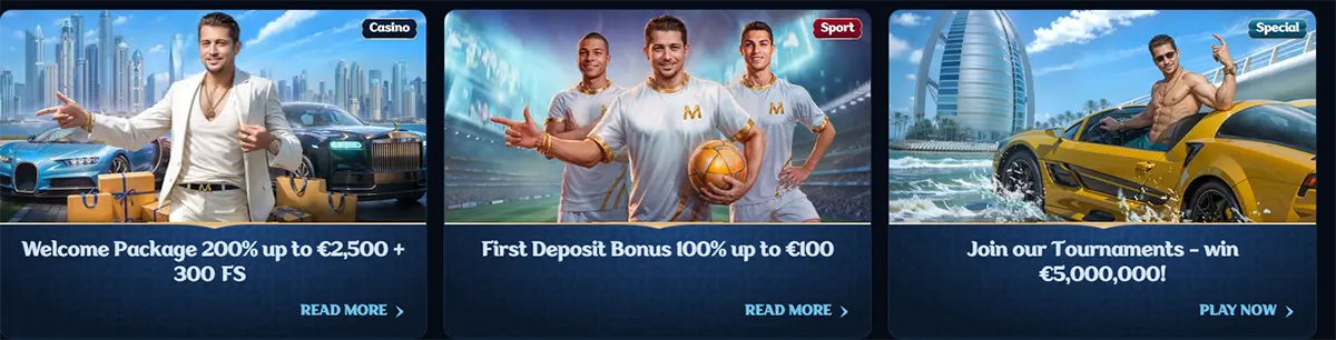 Casino promotional banners featuring welcome bonus offers, a first deposit bonus up to €100, and a tournament promotion with a €5,000,000 prize, illustrated with luxury cars, sports players, and resort-style backgrounds.