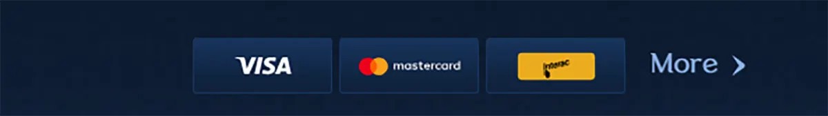 Online casino payment options showing Visa, Mastercard and Paysafecard logos with a “More” option for additional payment methods.