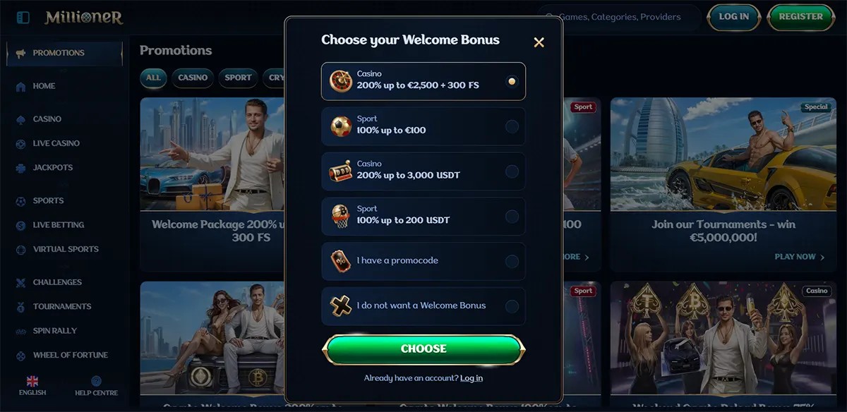 Millioner online casino interface showing a “Choose your Welcome Bonus” popup with options including casino and sports bonuses such as 200% up to €2,500 + 300 free spins, sports bonus up to €100, crypto bonuses in USDT, promo code entry, or the option to decline the welcome bonus.