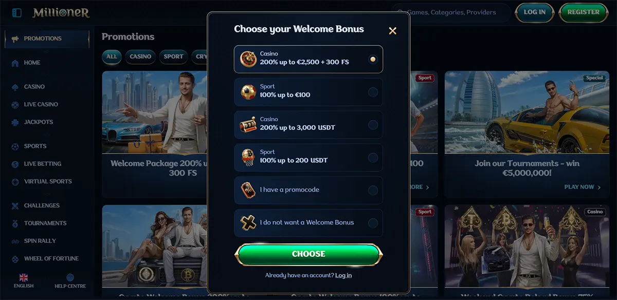 Millioner online casino interface showing a “Choose your Welcome Bonus” popup with options including casino and sports bonuses such as 200% up to €2,500 + 300 free spins, sports bonus up to €100, crypto bonuses in USDT, promo code entry, or the option to decline the welcome bonus.
